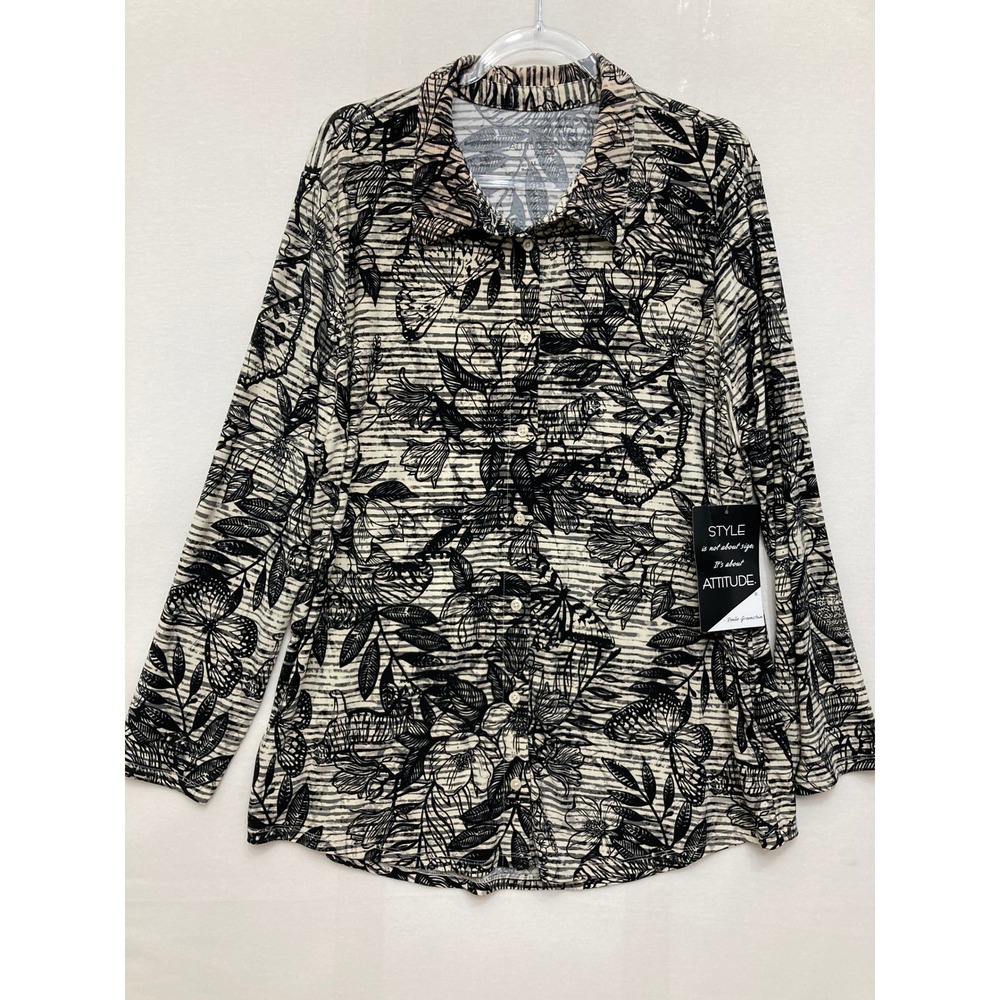 New Attitudes by Renee Button Down Shirt XL Black Tan Floral Stripe Stretch Knit